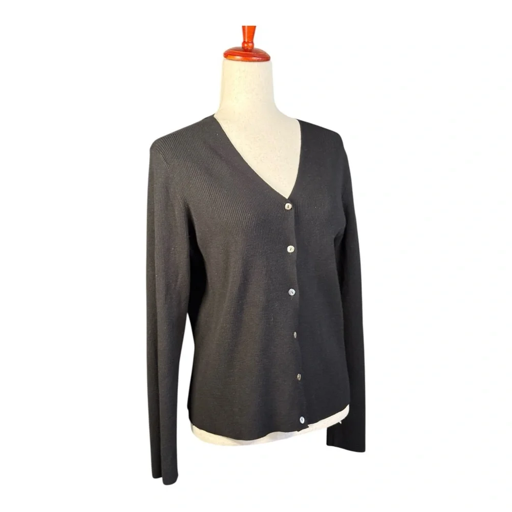 Max Studio Minimalist Black Ribbed Cardigan Sweater Button Front NWT Large - Picture 2 of 7